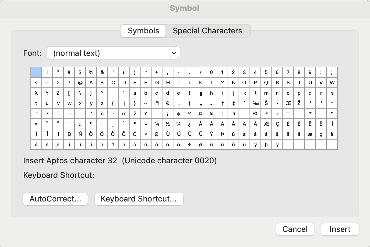 Word symbols screenshot